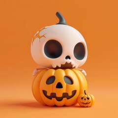 Cute 3d halloween illustration with zombie and pumpkins on orange background, simple rendered halloween theme