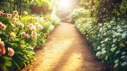 Wall Mural - Serene Garden Path with Colorful Flowers at Sunset