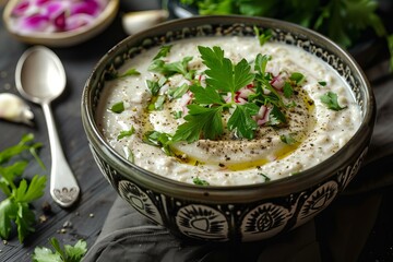 Sticker - Fresh tabbouleh salad garnished with parsley and spices in an ornate bowl, a staple of lebanese cuisine