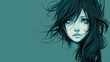© Japanese_Brush - sad melancholy anime portrait banner artwork, poster green styled