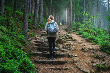 Wall Mural - woman in a blue jacket with backpack is walking on a forest trail with stone stairs, trees with lush