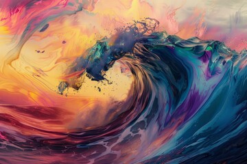 Poster - Vibrant digital art with swirling waves mimicking a dynamic, fluid motion in a vivid color palette
