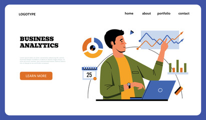 Poster - Business analytics landing page. Man showing infographic. Project diagram. Website template. Statistic information. Professional analyst. Businessman presenting charts. Vector background