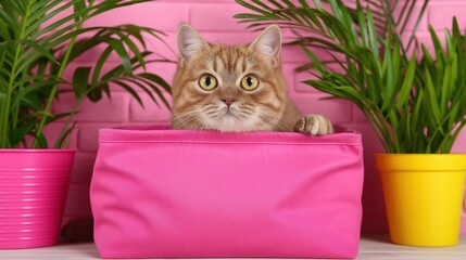 Wall Mural - A cat is sitting in a bright pink basket next to plants in a pots.