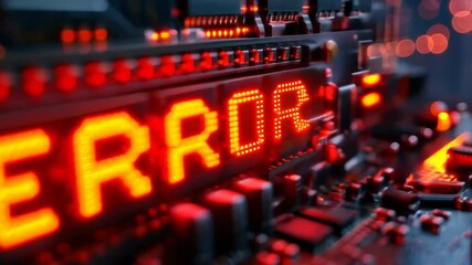 Poster - close-up of computer circuit board showing glowing red error message indicating technical difficulti