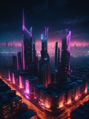 Sticker - Glowing cyberpunk cityscape at night, 3D illustration