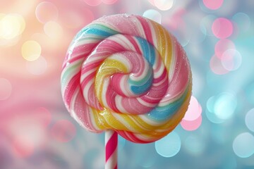 Closeup of a vibrant, swirled lollipop candy with a festive, bokeh light backdrop