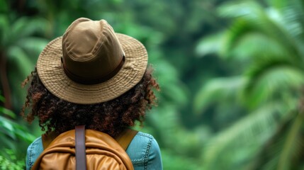 A serene image of a person wearing a hat and backpack, captured from the backside, exploring a lush green forest, depicting adventure, solitude, and connection with nature.