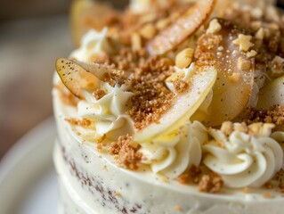 Wall Mural - Frosted Vanilla Pear Cake: A Delectable Close-Up with Cookie Crumbs and Pear Wafer Crisps