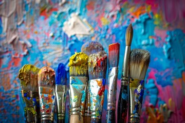 Wall Mural - Closeup of paint brushes with vibrant paint smears on a painter's palette