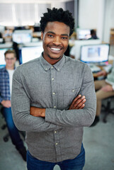 Poster - Portrait, arms crossed and business people with teamwork, computer and happiness for project leader. Face, employees and consultant with pride, confidence and pc with internet, cooperation and smile