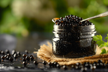 black sturgeon caviar in glass jar with spoon