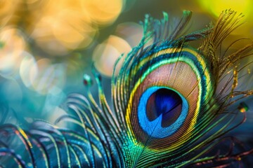 Sticker - Closeup of vibrant and intricate peacock feather with bokeh patterns and shimmering detail in nature, showcasing the exotic and iridescent beauty of the bird's ornate plumage