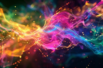 Poster - Vibrant digital art of dynamic, colorful energy waves with glittering particles