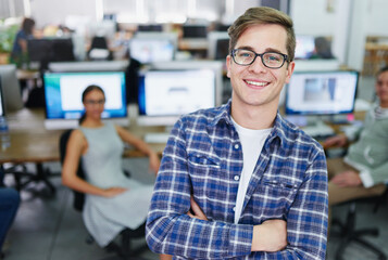Leinwandbilder - Portrait, arms crossed and man in office, glasses and employee with smile, coworking and business. Creative, graphic designer and opportunity for intern, happy and confidence of person in startup