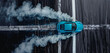 © FATNA - Aerial top view car drifting diffusion race drift car with lots of smoke from burning tires on speed track, Professional driver drifting car with lots of white smoke