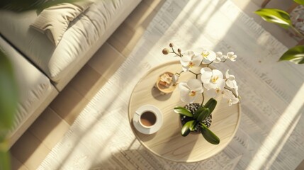 Wall Mural - Brightly colored living room with coffee table white orchids and coffee cup A cozy breakfast concept viewed from above