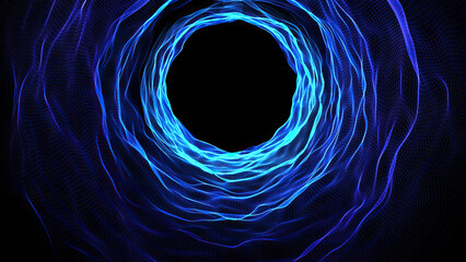 Abstract wavy tunnel made of blue technological grid with bright glow effect.