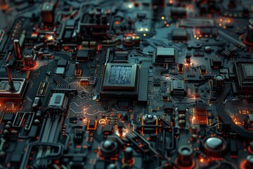 Poster - Closeup of a hightech motherboard featuring glowing circuits and central processing unit