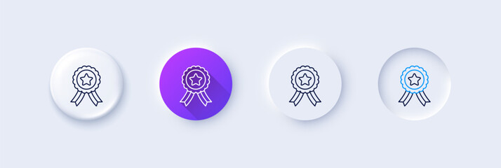 Sticker - Winner ribbon line icon. Neumorphic, Purple gradient, 3d pin buttons. Award medal sign. Best achievement symbol. Line icons. Neumorphic buttons with outline signs. Vector