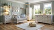 © Stock Spectrum - Green and White Nursery Interior with Crib, Rug, and Window View, nursery decor, baby room, interior design, 3D rendering