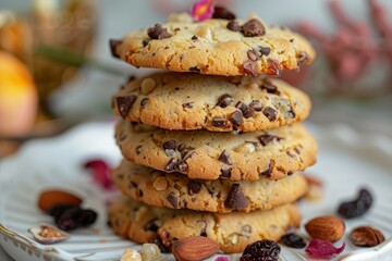 Poster - Closeup of delicious chocolate chip cookies stacked on a white plate with almonds and cranberries