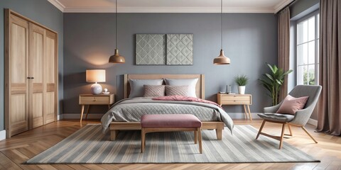 Modern Bedroom Interior with Grey Walls and Wooden Furniture, bedroom , interior design , home decor , furniture