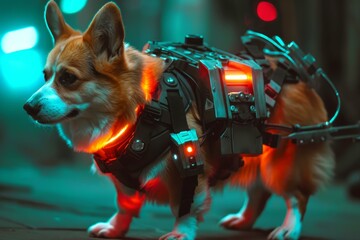 Poster - Stylized corgi adorned with futuristic glowing harness stands illuminated by neon lighting