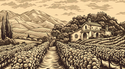 Sticker - A vintage woodcut-style illustration of vineyards