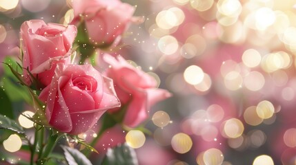 Sticker - Pink rose flowers on sparkling bokeh background for romantic occasions with text space