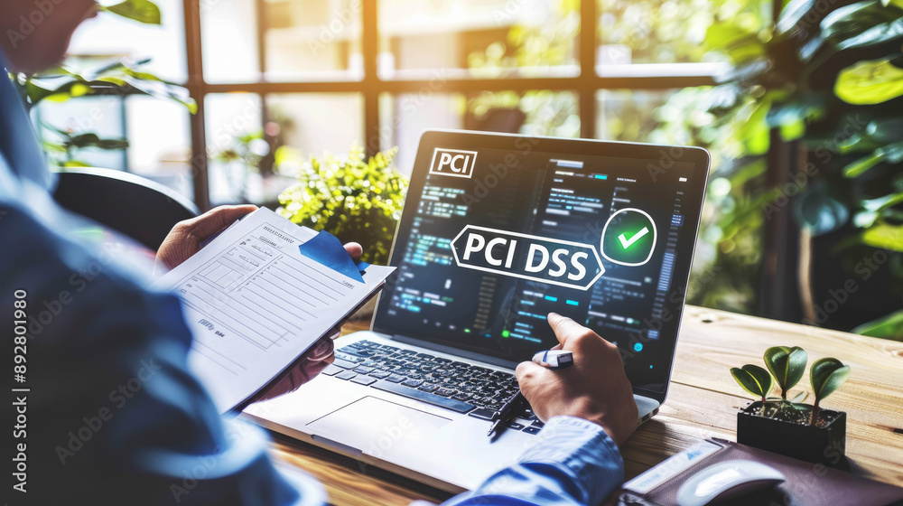A laptop with "PCI DSS" and a green checkmark on it. A banker, sitting ...