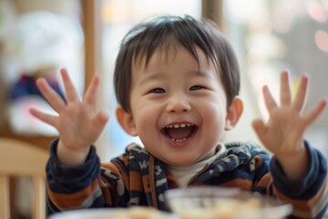 Wall Mural - Small child smiling showing hands joyful meal time. Street setting joyful child shows hands eating simply. Power of happiness and contentment simple moments.