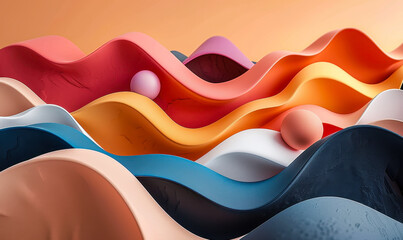 Poster - Colorful Abstract Waves with Smooth Shapes and Spheres in Pastel and Warm Tones, Modern Artistic Design, 3D Visualization, Contemporary Art Background