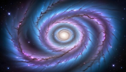 Wall Mural - A colorful spiral galaxy with a bright center, surrounded by swirling clouds of gas and dust in shades of blue, purple, and pink