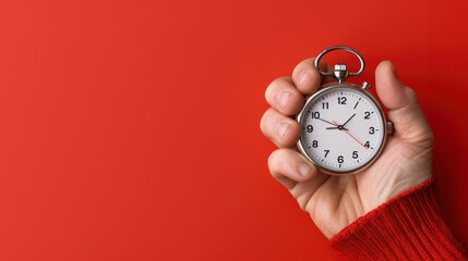 A hand holding a pocket watch against a vibrant red background. The image emphasizes themes of time, urgency, and precision, highlighting a sense of importance and punctuality, with copy space