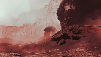 Poster - Double exposure Martian landscape symbolizing the potential for human and space conquest. Futuristic and surreal design with copy space for text overlay.