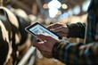 © spyrakot - Farmer Using Advanced Technology to Monitor Cow Health on a Digital Tablet at High-Tech Dairy Farm