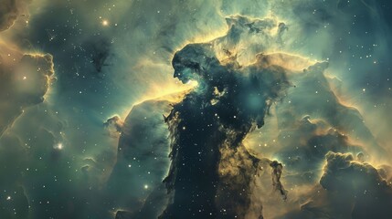 Wall Mural - Dramatic double exposure image of the Eagle Nebula,symbolizing the breathtaking landscapes and active star formation processes within this iconic celestial region of the Milky Way galaxy.