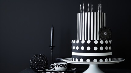 Wall Mural - Monochrome Birthday Cake with Black and White Geometric Patterns for Modern Celebrations