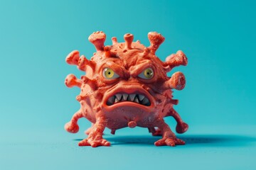 Illustration of menacing virus wild expression and fierce eyes. Fierce virus displays wild expression showing its teeth. Angry virus is metaphor uncontrollable and rampant fear.