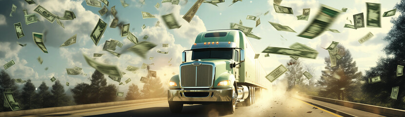 Highway truck with money flying out behind it