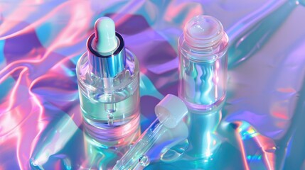 Sticker - Top view of serum and moisturizer on holographic background