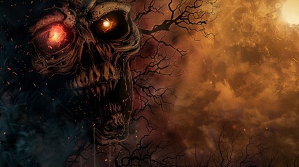 Sticker - Ominous,Zombie-Infested Halloween Wallpaper with Copy Space for Macabre Text Overlay. This haunting,dark,and eerie background sets the stage for a chilling,supernatural,and foreboding Halloween theme.