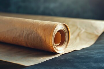 Poster - A rolled up piece of brown paper sits on top of a table, ready for use