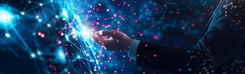 Poster - Conceptual drawing of a businessman drawing global business network and data exchange on a blue background.