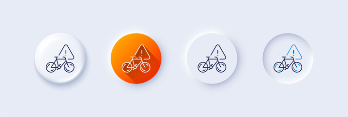 Poster - Bike attention line icon. Neumorphic, Orange gradient, 3d pin buttons. City bicycle transport sign. Velocipede warning symbol. Line icons. Neumorphic buttons with outline signs. Vector