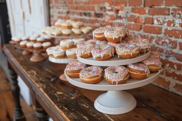 Wall Mural - Delightful assortment of frosted donuts decorated with rainbow sprinkles set on tiered stands against a brick wall