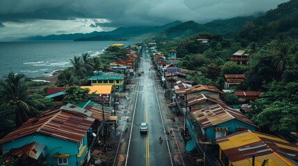 Wall Mural - Aerial view of colorful houses on the ocean shore in the Philippines