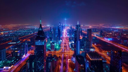 Cityscape Splendor Kingdom Centre Tower Illuminated at Night Capturing the Bustling Energy of Urban Life Aerial Stock Image with Vibrant Lights and Motion Trails Shot with Canon EOS 90D