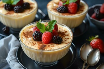 Canvas Print - Creamy custard dessert garnished with fresh berries and mint in ceramic ramekins